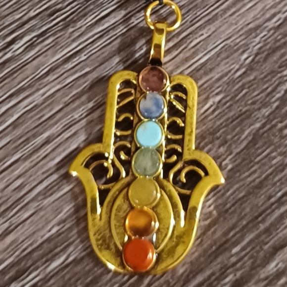 7 CHAKRA GEMSTONES & WOOD BEADS STRUNG ROSARY NECKLACE WITH HAMSA HAND PROTECTIO - Picture 9 of 12